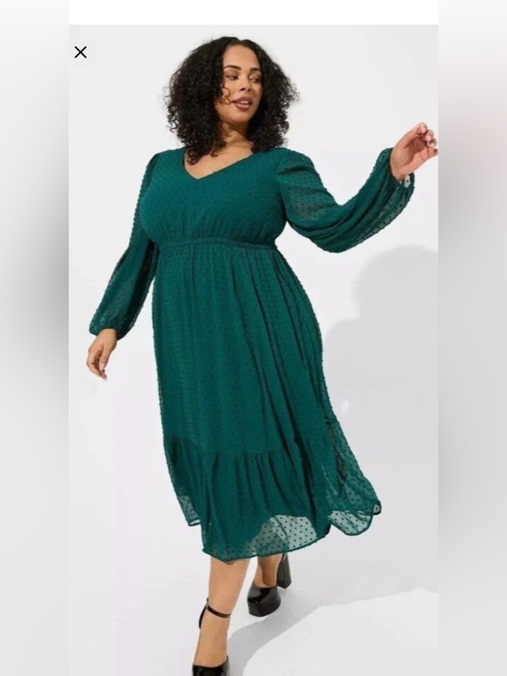 green Swiss Dot Long Sleeve Midi Dress Torrid 3